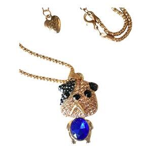 30" Betsey Johnson Gold Tone Chain NECKLACE + Crystal Stone French Dog PENDANT